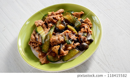Spicy stir-fried pork, eggplant and cucumber with miso Spicy stir-fried pork, eggplant and cucumber with miso 118415582