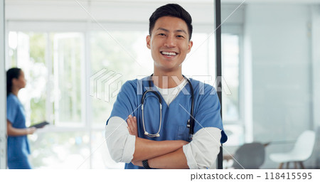 Portrait, Asian man and nurse with arms crossed, healthcare and smile with career in a hospital. Face, Japanese person and medical professional with happiness, surgeon and physician with uniform 118415595