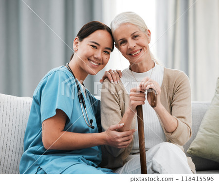 Nurse, elderly woman and sofa for portrait, walking stick and smile together with happiness, chat and care. Senior patient, asian doctor and couch with helping hand, happy and connection for support 118415596