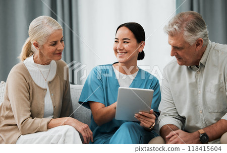 Asian nurse, elderly man and woman with tablet for consulting, healthcare or report for medical help. Japanese doctor, women or digital touchscreen ux in consulting room, happy or excited for results Asian nurse, elderly man and woman with tablet for consulting, healthcare or report for medical help. Japanese doctor, women or digital touchscreen ux in consulting room, happy or excited for results 118415604