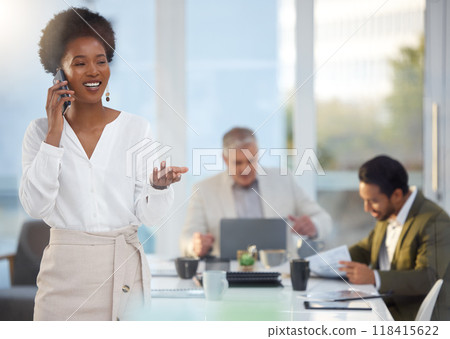 Business, black woman and phone call in meeting for schedule conversation or corporate discussion at office. Happy African American female leader talking on smartphone and explaining company strategy Business, black woman and phone call in meeting for schedule conversation or corporate discussion at office. Happy African American female leader talking on smartphone and explaining company strategy 118415622