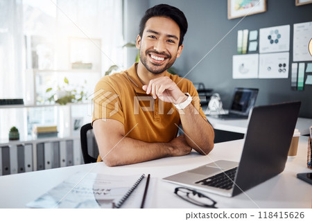 Smile, confidence and portrait of a man in the office with a laptop working on a corporate project. Happy, success and professional male employee doing business research on computer in the workplace. Smile, confidence and portrait of a man in the office with a laptop working on a corporate project. Happy, success and professional male employee doing business research on computer in the workplace. 118415626