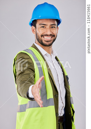 Portrait, engineering or contractor shaking hands in deal, collaboration meeting or startup project partnership. B2b, happy architect or handshake for sales goals, bonus target or agreement in studio 118415661