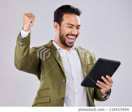 Asian man, tablet or success fist on isolated studio background for financial growth, stock market deal or future security. Smile, happy or cheering businessman with winner hands, technology or loan 118415694