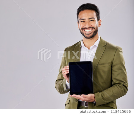 Asian man, portrait or showing tablet screen on isolated studio background for finance mockup, fintech logo or product placement. Smile, happy or businessman on technology, stock market or loan deal 118415696