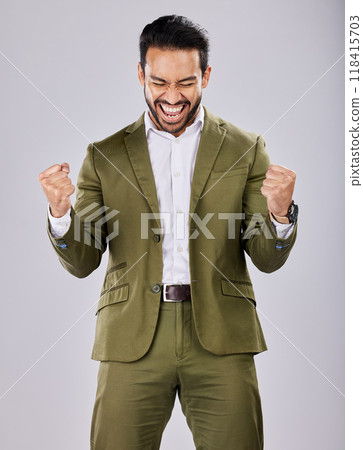 Asian man, success or fist on isolated studio background in financial growth, stock market deal or future finance security. Smile, happy or cheering businessman in winner hands, profit or opportunity 118415703