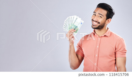 Asian man, portrait and money fan on isolated background for financial freedom, stock market profit or investment. Smile, happy and trader cash on studio mockup for finance success, savings or growth Asian man, portrait and money fan on isolated background for financial freedom, stock market profit or investment. Smile, happy and trader cash on studio mockup for finance success, savings or growth 118415706
