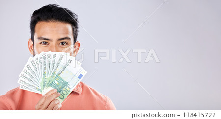 Man, portrait or money fan on isolated studio background in financial freedom, stock market profit or investment. Winner, cash or euro for asian person for finance success, savings or growth mockup 118415722