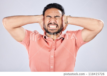 Psychosis, mental health and angry Asian man with bipolar isolated on a grey studio background. Stress, fear and scared guy closing ears for noise, frustration and suffering with rage on a backdrop Psychosis, mental health and angry Asian man with bipolar isolated on a grey studio background. Stress, fear and scared guy closing ears for noise, frustration and suffering with rage on a backdrop 118415726