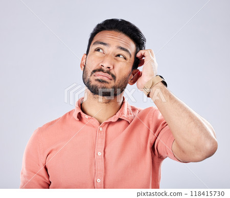 Confused, thinking and Asian man with gesture for an idea isolated on a grey studio background. Doubt, frustrated and Japanese person with memory loss, confusion and contemplation on a backdrop 118415730