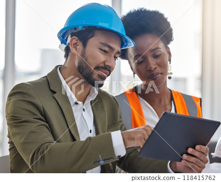 Tablet, collaboration or planning with a construction worker and architect meeting in an office for a building project strategy. Technology, teamwork and a designer man talking to a woman colleague 118415762