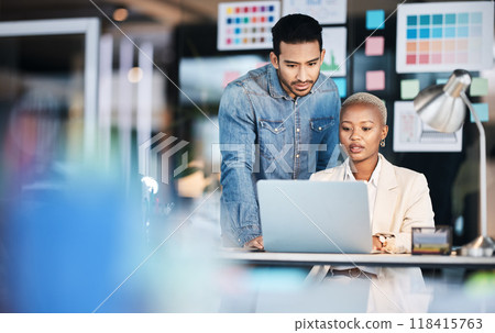 Laptop, designer collaboration and business people reading, problem solving and working on creative design deadline. Diversity partnership, startup teamwork and professional team review research plan 118415763