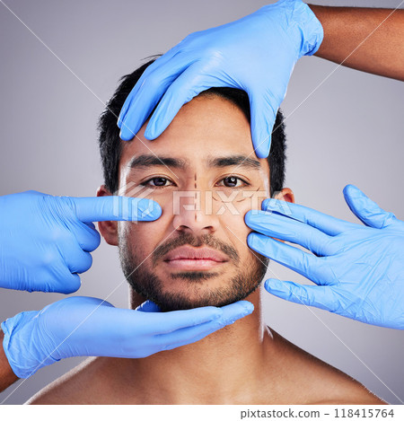 Plastic surgery, hands and drawing with portrait of man and surgeon for needle and syringe placement. Skincare, face and dermatology of a male person with medical procedure and collagen in studio 118415764