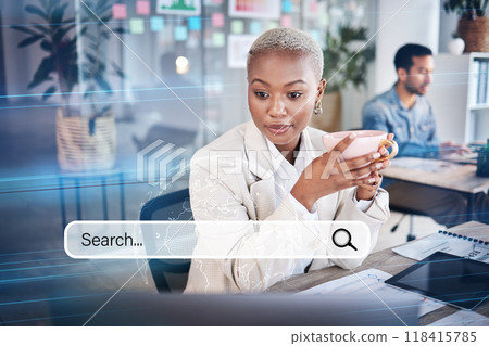 Woman, business and laptop search engine for information hologram, SEO graphic and iot research. Thinking, worker and African employee with coffee on technology, internet and office browsing overlay Woman, business and laptop search engine for information hologram, SEO graphic and iot research. Thinking, worker and African employee with coffee on technology, internet and office browsing overlay 118415785