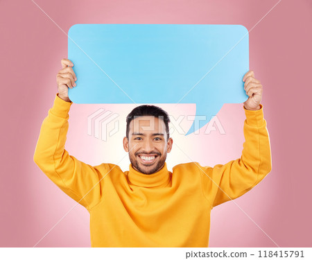 Speech bubble, voice and man or student presentation, news or announcement for college opportunity. Portrait, information and happy person, university FAQ or communication on studio, pink background 118415791
