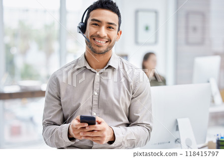 Portrait, call center and business man with phone for customer service, technical support or contact us. Telemarketing, smartphone and face of male sales agent, happy consultant or employee in office 118415797