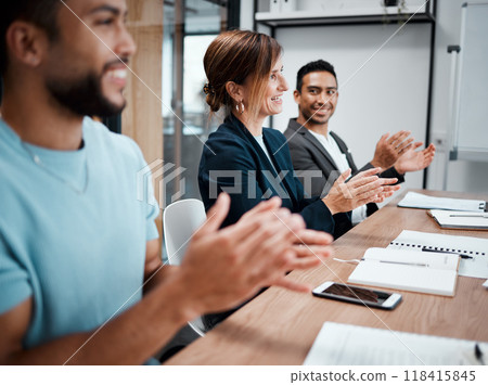 Happy, business people and audience applause in meeting for presentation, growth or team seminar at office. Group of employees clapping in conference for teamwork, support or motivation at workplace Happy, business people and audience applause in meeting for presentation, growth or team seminar at office. Group of employees clapping in conference for teamwork, support or motivation at workplace 118415845
