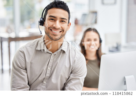 Portrait, call center and support with a man consultant in his telemarketing office for assistance. Customer service, contact us and consulting with a male employee using a headset for retail crm Portrait, call center and support with a man consultant in his telemarketing office for assistance. Customer service, contact us and consulting with a male employee using a headset for retail crm 118415862