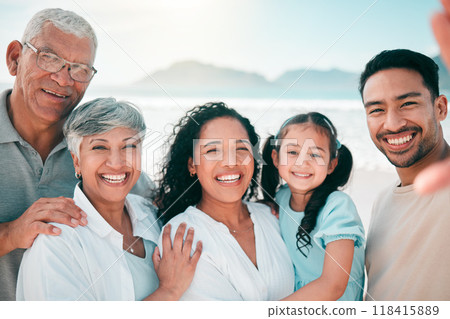 Family selfie, generations and portrait, people on beach with grandparents, parents and children bonding. Happy, men and women with kid outdoor, love and trust with smile in picture on holiday Family selfie, generations and portrait, people on beach with grandparents, parents and children bonding. Happy, men and women with kid outdoor, love and trust with smile in picture on holiday 118415889