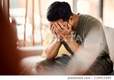 Man with trauma, stress and mental health, sad with problem and therapy, depressed and thinking about abuse. Male person in crisis, depression and pain at home, burnout and anxiety with psychology 118415895