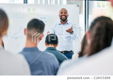 Business, coach and presentation with employees for a seminar with explanation and smile. Speaker, professional and corporate team for training or learning at a meeting with audience for discussion. Business, coach and presentation with employees for a seminar with explanation and smile. Speaker, professional and corporate team for training or learning at a meeting with audience for discussion. 118415899