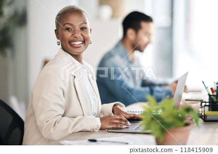 Portrait, staff or black woman with a laptop, smile or business with marketing expert, website information or planning. Face, female person or agent with a pc, growth or review success with happiness Portrait, staff or black woman with a laptop, smile or business with marketing expert, website information or planning. Face, female person or agent with a pc, growth or review success with happiness 118415909