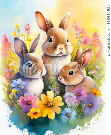 Three rabbits and flowers - Stock Illustration [118415923] - PIXTA
