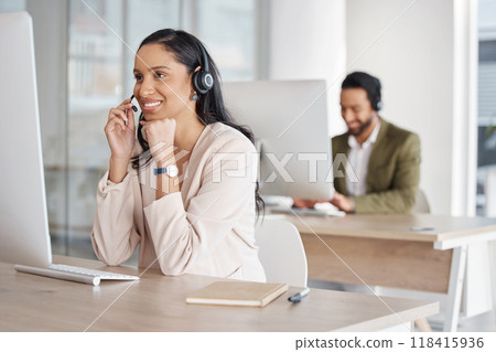 Call center, team and woman consulting for crm, telemarketing and customer service with a smile. Happy, workforce and lady consultant in office for online help, support, faq or contact us for advice 118415936