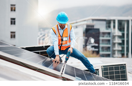 Technician man, drill and solar panel on roof with installation, sustainability and construction in city. Engineer, tools and photovoltaic system with building, development or renewable energy in cbd Technician man, drill and solar panel on roof with installation, sustainability and construction in city. Engineer, tools and photovoltaic system with building, development or renewable energy in cbd 118416034