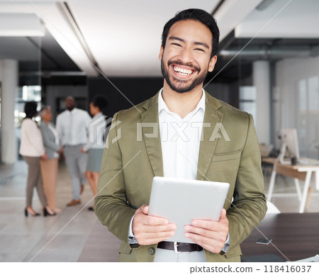 Digital tablet, happy and portrait of asian man with office team for meeting, planning or solution. Face, smile and male leader online with group of business people for startup, mission or management 118416037