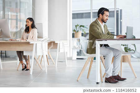 Office, workspace and business people in startup typing on computer, digital marketing or coworking in building. Professional employees or man and woman working on laptop and desktop for productivity 118416052