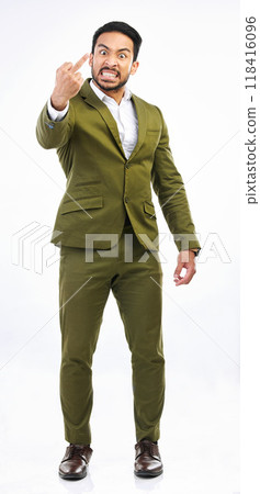 Angry, crazy and portrait of an Asian man with a middle finger isolated on a white background in a studio. Negative, anger and a frustrated Japanese businessman showing an offensive hand gesture 118416096