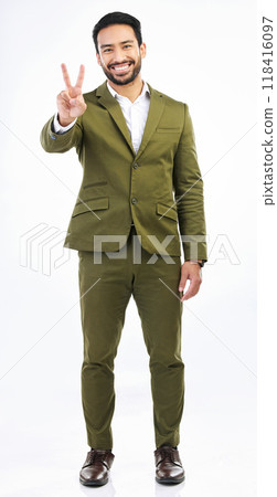 Portrait, business and Asian man with peace sign, happy and motivation isolated on white studio background. Face, Japanese male leader and entrepreneur with v gesture, smile and management skills 118416097