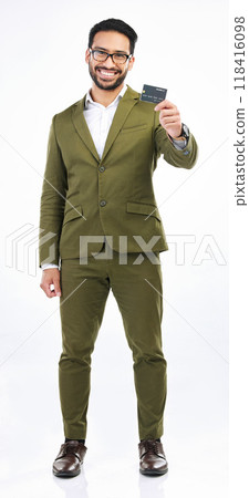Smile, credit card and portrait of businessman in studio, happy financial freedom and savings on white background. Happiness, man with banking and saving, investing in small business startup budget. 118416098