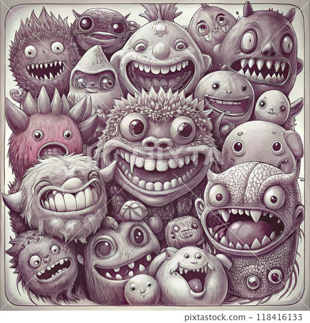 Sketchbook doodle monsters and quirky creatures, pencil drawing art filled with cute, smiling and sharp-toothed characters, packed together. Adorable Monster Doodles Compilation Quirky Creature 118416133