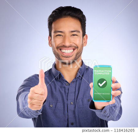 Asian man, phone and thumbs up in payment received ecommerce, transaction or internet banking success. Portrait of happy male showing smartphone screen with thumb emoji, yes sign or like for purchase Asian man, phone and thumbs up in payment received ecommerce, transaction or internet banking success. Portrait of happy male showing smartphone screen with thumb emoji, yes sign or like for purchase 118416205
