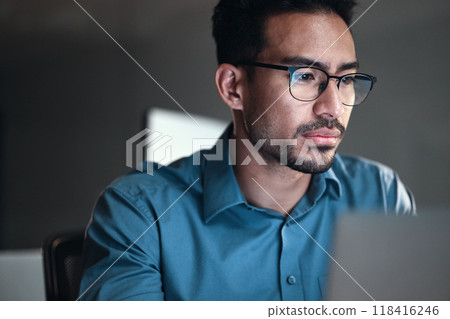 Computer, research and business man or programmer for software development, programming or cybersecurity. Reading, glasses and focus of IT person with data analysis, system upgrade and coding online Computer, research and business man or programmer for software development, programming or cybersecurity. Reading, glasses and focus of IT person with data analysis, system upgrade and coding online 118416246