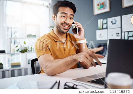 Phone call, happy and communication with a business man chatting while working at his desk in the office. Mobile, contact and planning with a young male employee chatting or networking for strategy 118416275