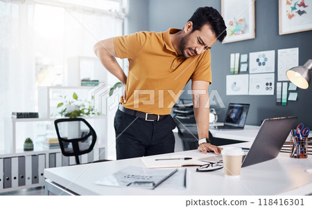 Business man, stress and back pain at office desk with a injury and issue. Asian male entrepreneur with technology and frustrated with body ache, mental health or burnout problem while tired Business man, stress and back pain at office desk with a injury and issue. Asian male entrepreneur with technology and frustrated with body ache, mental health or burnout problem while tired 118416301