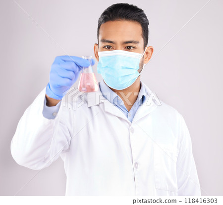 Medical, chemical and man with research, healthcare or sample analysis against a white studio background. Vaccine, male person or scientist with drugs, pharma or chemistry with liquid or development Medical, chemical and man with research, healthcare or sample analysis against a white studio background. Vaccine, male person or scientist with drugs, pharma or chemistry with liquid or development 118416303