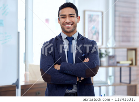 Happy, arms crossed and portrait of business man in office for corporate, professional and pride. Happiness, smile and entrepreneur with male employee for mission, natural and management 118416313