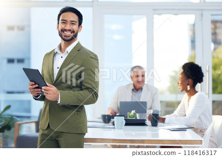 Tablet, portrait and business man with online management, company leadership and employee engagement goals. Face of professional asian, entrepreneur or person on digital technology in office meeting Tablet, portrait and business man with online management, company leadership and employee engagement goals. Face of professional asian, entrepreneur or person on digital technology in office meeting 118416317