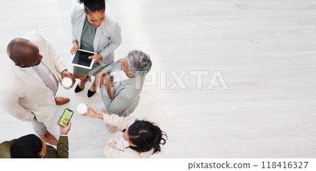 Phone, tablet and people planning above with sustainable business, eco friendly and green project with group mockup. Circle, employees and women and men, technology screen for sustainability ideas 118416327