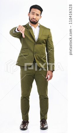 Thumbs down, sad man and reject portrait in a studio with bad feedback and emoji hand sign. Negative opinion, decision and wrong hands gesture of a upset business model with isolated white background Thumbs down, sad man and reject portrait in a studio with bad feedback and emoji hand sign. Negative opinion, decision and wrong hands gesture of a upset business model with isolated white background 118416328
