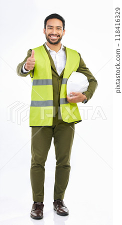 Portrait, Asian man and architect with thumbs up, happy and agreement on a white studio background. Face, male contractor and engineer with gesture for ok, thank you and support for new project 118416329