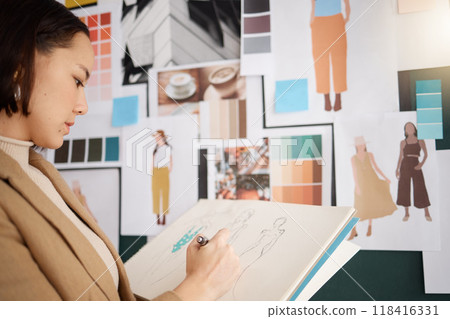 Fashion designer, planning and woman drawing creative sketch, color and ideas from moodboard. Clothes, production design and asian worker or person with palette for illustration development work 118416331
