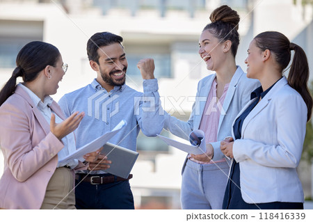 Winning, fist pump and business people celebration, teamwork or collaboration success in winner group. Excited corporate and funny employees or professional team power, yes and project planning goals Winning, fist pump and business people celebration, teamwork or collaboration success in winner group. Excited corporate and funny employees or professional team power, yes and project planning goals 118416339