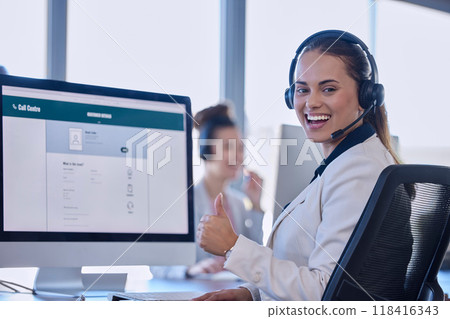 Call center portrait, woman thumbs up and consultant or agent with customer support success, good service or thank you. Telecom person or ecommerce advisor like, yes or winning emoji hand on computer 118416343