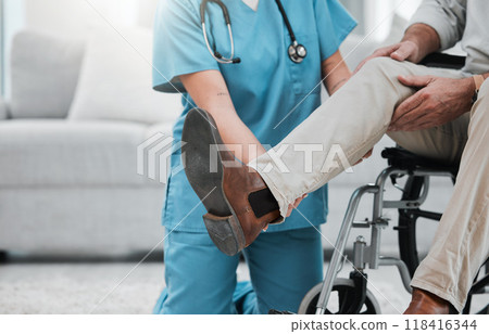 Physiotherapy woman, senior man and wheelchair for legs rehabilitation, recovery or nursing home care. Physiotherapist expert, helping hand and elderly patient for injury, disability and hurt muscle 118416344
