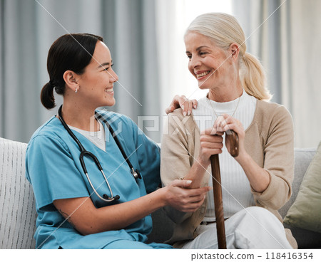 Nurse, senior woman and sofa with support, walking stick and smile together with happiness, chat and care. Elderly patient, asian doctor and couch with helping hand, happy and solidarity connection Nurse, senior woman and sofa with support, walking stick and smile together with happiness, chat and care. Elderly patient, asian doctor and couch with helping hand, happy and solidarity connection 118416354